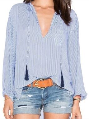 Faithfull the Brand Blue & White Striped Flowy V-Neck Tassel Tunic Size XS